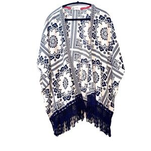 Jolt Open Front Kimono Cardigan Duster Floral W/Fring Boho Size XL Blue/White